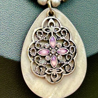 Vintage Lia Sophia Necklace Silver Tone Beaded Pink White Rhinestone Art Deco 