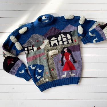 cute cottagecore sweater 80s 90s vintage Peruvian duck sheep farm blue wool sweater 