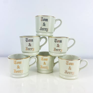 Vintage Tom & Jerry Christmas Mugs by Hall, 1950s Gold Rimmed Christmas mugs, Punch bowl glasses, hot butter rum, holiday cheer, gold mugs 