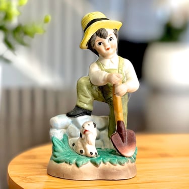 VINTAGE: Hand Painted Bisque Porcelain Figurine - Boy with Dog - Boy Working - Love Dogs - SKU 34-D-00035356 