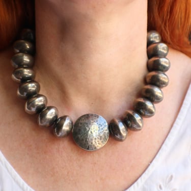 Vintage Sterling Bead Necklace / Chunky Silver Collar /Hammered Bead Modernist Jewelry 