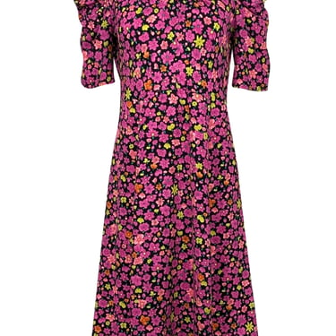 Kate Spade - Black w/ Pink & Yellow Floral Print A-Line Dress Sz 8