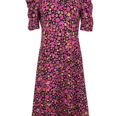 Kate Spade - Black w/ Pink &amp; Yellow Floral Print A-Line Dress Sz 8