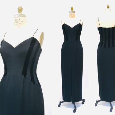 90s Vintage Black Evening Gown Prom Dress Small Medium By Nightline Black Long Tank Dress With Velvet 90s party Dress Small Medium 