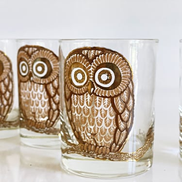 1970s George Briard owl glasses, 4 Double old fashioned lowball glasses for whiskey cocktails on rocks, MCM owl decor, Mid century barware 