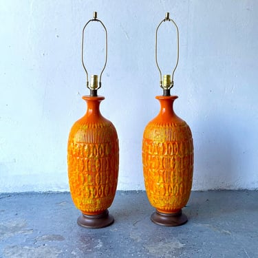 Pair of Mid Century Modern Orange and yellow dripped Glazed Ceramic Lamps 
