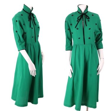 50s green wool day dress / vintage 1950s Kelly green velvet holiday dress 26