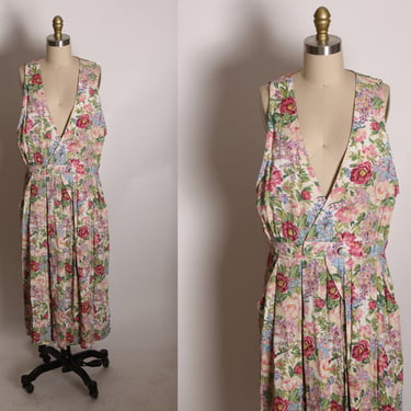 1980s Deep V Sleeveless Pink, Cream, Green and Blue Rose Floral Romantic Dress by R.J. Stevens by Carol Escritor -L 