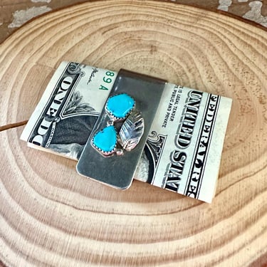 DOUBLE TURQUOISE Sterling Silver Money Clip | Silver Leaf Applique | Cash Clip | Southwestern Style 