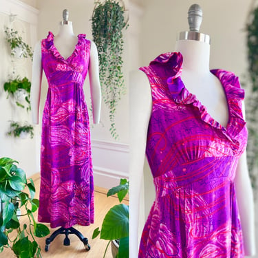 Vintage 1960s 1970s Maxi Dress | 60s 70s Hawaiian Psychedelic Floral Watercolor Print Purple Pink Fit and Flare Sundress (medium/large) 