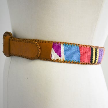 1980s/90s Guatemalan Woven Cotton and Leather Belt 