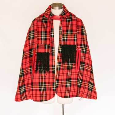 1960s Cape Reversible Red Plaid Wool 