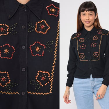 Beaded Floral Blouse 90s Black Button Up Shirt Flower Beading Embroidered Top Long Sleeve Collared Bohemian Hippie Boho Vintage 1990s Small 
