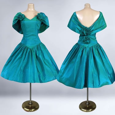 VINTAGE 80s Green Iridescent V Back Party Prom Dress | 1980s Retro Crinoline Formal Prom Dress | VFG 