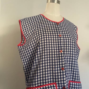 Vintage 70s Apron Tank Cotton Gingham Blouse; Red, Blue, and White Gingham Summer Blouse with Cute Front Pockets XL, 70s Button Up Blouse 