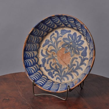 18th Century Spanish Faience Mixing Bowl with Old Staple Repair