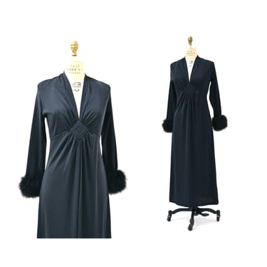 Vintage Black Dress Size Medium Maxi Dress Long Sleeves Marabou Feather Cuffs// 70s Vintage Black Evening Gown Dress Medium Long Black Dress 