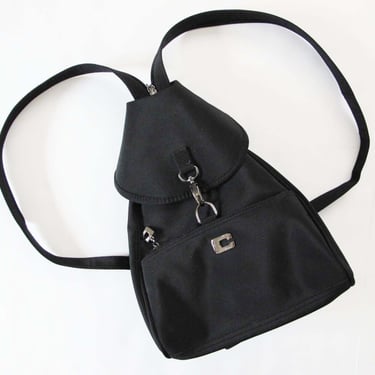 90s 2000s Black Nylon Backpack - Vintage Triangle Nylon Rucksack Silver Zippers - Vegan Backpack Purse - Minimalist School Bag 