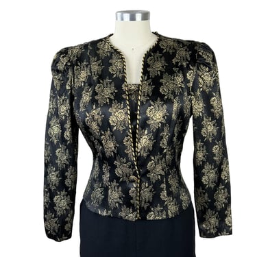 S-M 90s Sparkly Dressy Top Long Sleeve Black and Gold Metallic Print Cocktail Blouse Jacket Evening Wear, 1990s Clothes Women Vintage PATRA 