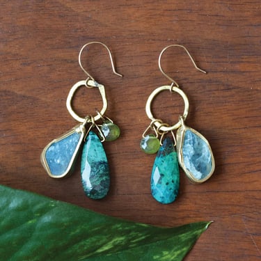 Lure Earrings - Brass, Aquamarine, Vesuvianite + Chrysocolla