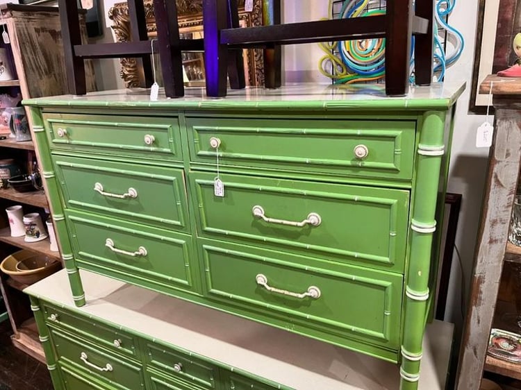 Green and white faux bamboo petite dresser. 48.5” x 19” x 30” 