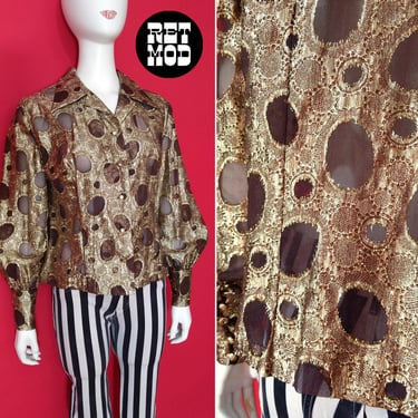 Fabulous Vintage 60s 70s Brown & Gold Metallic Circles Sheer Collared Party Blouse 