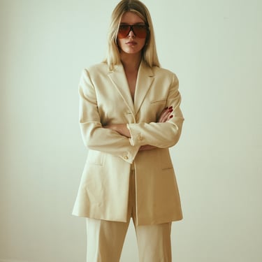 1990s Gianni Versace COUTURE Cream Silk Tailored Suit with Medusa Logo + V Buttons IT 42 S M Wool Silk Off White Atelier 
