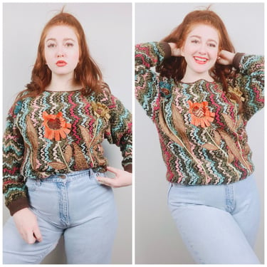 1980s Vintage Carducci Squiggle Acrylic Knit Sweater / 80s Mauve and Teal 3D Flower Applique Jumper / Size Large 