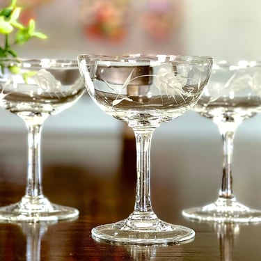 VINTAGE: 8pcs - Etched Wheat Pattern Crystal Tall Sherbet Champagne Glasses - Smooth Stem - By Noritake Sasaki - SKU 22 23-E-00013479 