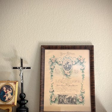 antique Swedish baptism certificate 1918 engraving faux tiger wood frame christening religious ephemera 