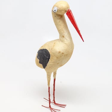 Antique 7 1/4 Inch German Spun Cotton Stork with Wire Legs and Google Eyes, Vintage Party Decor 