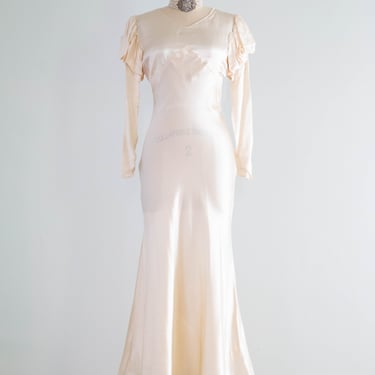 Exquisite 1930's Liquid Silk Bias Cut Wedding Gown With Puff Sleeves / Petite XS