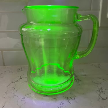 Vintage Uranium Glass Vintage Anchor Hocking Water Pitcher Green Glow Glass by LeChalet