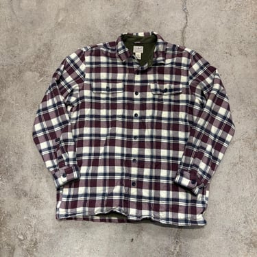 LL Bean  Red Blue Plaid Cotton Green Fleece Lined Button Up Shirt Jacket Men’s Large 