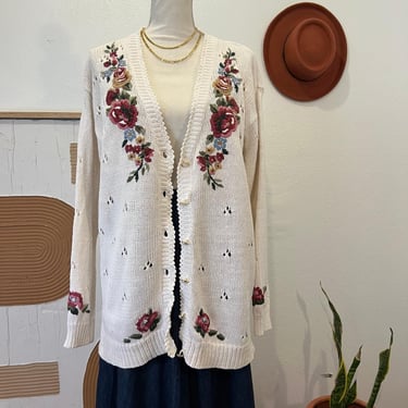 Vintage Cottage Embroidered Floral Pearl Button Front Oversized Cardigan Sweater 