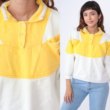 80s Color Block Sweatshirt White Yellow Quarter Button Up Polo Collared Sweatshirt Pocket 1980s 3/4 Sleeve Slouchy Pullover Large 