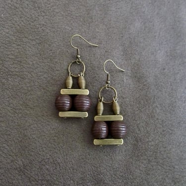 Mid century modern earrings, industrial earrings, unique artisan earrings, bohemian boho hippie earrings, antique bronze and wooden earrings 