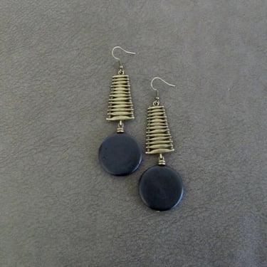 Mid century modern earrings, long black wood bronze Afrocentric dangle earrings, chic earrings, African earrings, bold statement earring 