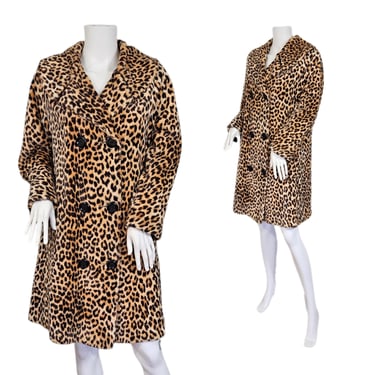 1960's Faux Fur Leopard Print Double Breasted Coat I Sz Med 