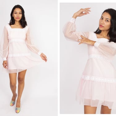 Vintage 1970s 70s Baby Pink Candy Floss Swiss Dot Mini Dress w/ Square Neckline, Balloon Sleeves, Empire Waist, Tiered Ruffle Skirt 