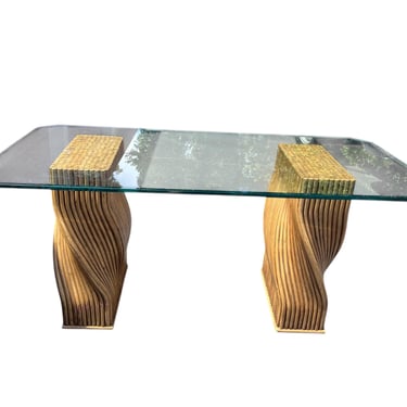 Gorgeous vintage McGuire style twisted reed dining  table bases with heavy glass top 