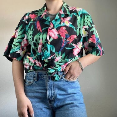 Paradise Found Hawaiian Shirt Mens XL Vintage Camp Button Down Parrot Floral 