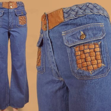 Leather trim hippie jeans by BRAXTON. Vintage 1970s woodstock vibes, bell bottoms, basketweave & braided details.(Large) 