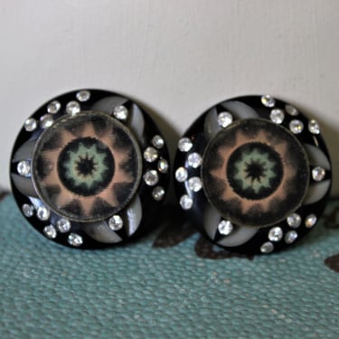 Vintage 1930s 40's  3D HOLOGRAM Black Bakelite rhinestone Earrings clip 