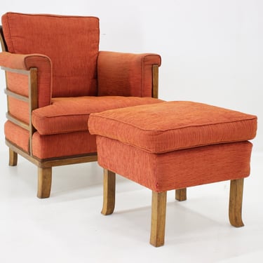 1930s Art Deco Armchair with Tabouret, Czechoslovakia 