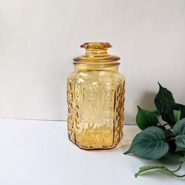 Vintage L E Smith Atterbury Scroll Amber Glass Canister Biscuit Jar/ 9.25"/  1970s  Boho Country Cottage Farmhouse Kitchen/ Storage 