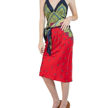 Morphew Collection Navy Blue, Lime Green  Red Silk Twill Floral Ditsy Print Scarf Dress Made From Vintage Scarves 