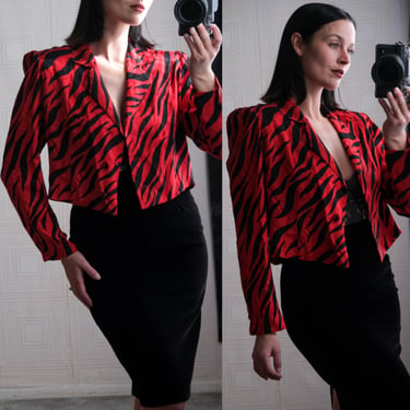 Vintage 80s JULIE FRANCIS Red & Black Jacquard Zebra Print Bold Shoulder Cropped Silk Blouse | 100% Silk | 1980s Designer Bolero Style Top 