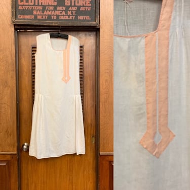 Vintage 1920's White & Pink Arrow Applique Summer Cotton Dress, Vintage Clothing, Semi Sheer, 1920's Day Dress, Summer, Vintage 1920's 