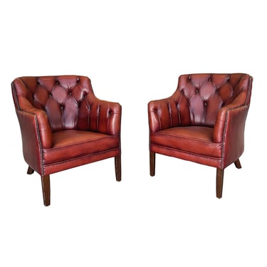 1960s Red Leather Danish Tufted Barrel Chairs - a Pair